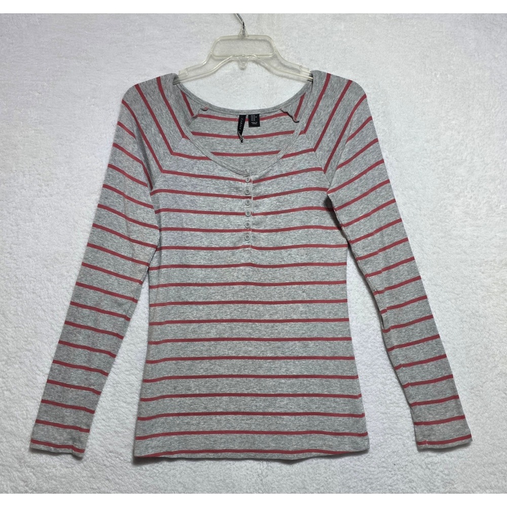 Carole Little Women's Grey Red Striped Long Sleeve Henley Top Size Medium M